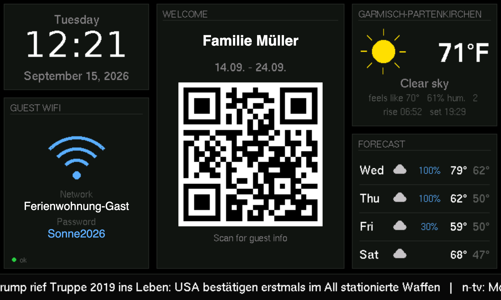 Display in English: welcome, stay, guest WiFi, weather
